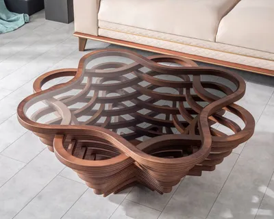 Produktbild von Couchtisch Beistelltisch Wolke Walnuss moderner Kaffeetisch Wohnzimmertisch Glas 90x90x42cm Nussbaum rustikal