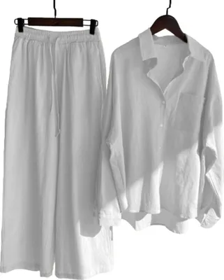 Obrázek produktu pro ASKSA Dámský kalhotový kostým mušelínová halenka Dvoudílné letní tričko s dlouhým rukávem Kalhoty se širokými nohavicemi Loungewear, bílé, vel: XL