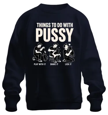 Immagine prodotto di Maglietta con cappuccio, stile felpa, con scritta "Pussy Lustig Katze" (gatto divertente), tono sarcastico, taglia S, colore blu navy