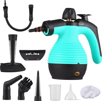 Produktbild von KKmoon Handdampfreiniger, 1050W, Hochtemperatur Druckdampf, Tragbar, 25x22x10cm, Blau, PP+ABS, für Küche, Sofa, Bad, Autofester, inkl. 9 Zubehör, mit automatischer Abschaltung und Verlängerungsschlauch.