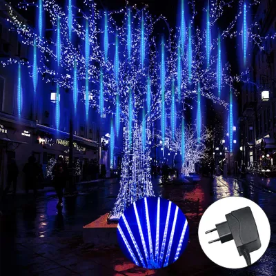 Produktbild von ROSNEK LED-Lichterkette Meteorschauer Eiszapfen Blau, 288 LEDs, 4m Gesamtlänge, 50cm Eiszapfenlänge, 1.2cm Rohrdurchmesser, 50cm Rohrabstand, IP65 Wasserdicht, 5V Niederspannung, bis zu 4x anschließbar, energiesparend, für Weihnachts- & Gartendekoration