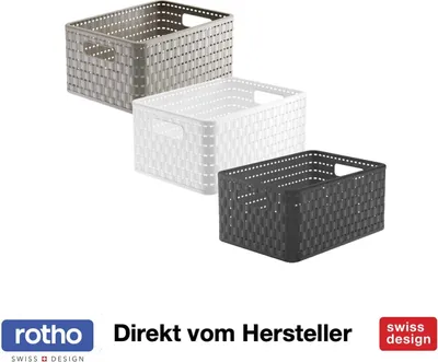 Three storage baskets in different colors are displayed against a white background. Text and logos are present at the bottom.