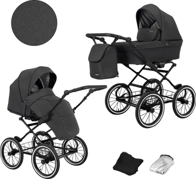 Obrázek produktu pro Kočárek ROMANTIC kočárek kočárek dětská autosedačka kompletní set kočárek set 2 v 1 (antracit, barva rámu: černá)