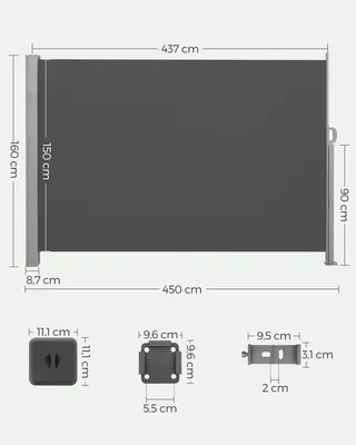 Produktbild von Ausziehbare Seitenmarkise - Sichtschutz 160 x 300 cm - Garten, Terrasse & Balkon - Windschutz - Wetterfestes Polyestergewebe - Dunkelgrau