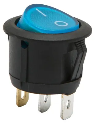 Immagine prodotto di 5x Interruttore a bilanciere rotondo illuminato SPST ON/OFF - Interruttore a bilanciere 250 V CA 6 A (10 A) - Indicatore LED blu con marcatura IO - Interruttore da incasso per apparecchi elettrici - Dimensioni di incasso 20 mm - Profondità di incasso 25 mm - Unità di vendita 5 pezzi [09085BL]