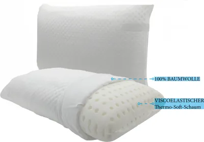 Two white pillows are shown, one in front of the other, with labels indicating their materials.