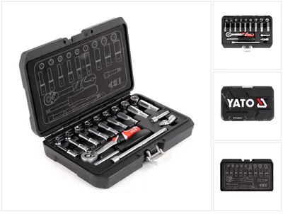 Zdjęcie produktu dla Yato YT-14451 Skrzynka z grzechotką 23 szt. zestaw kluczy nasadowych 1/4" z nakrętkami uchwyt grzechotki