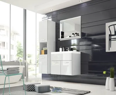 Produktbild von MINIO go for it, Badezimmer, Badmöbel 3-Teilig Set "MONAL", mit Waschbecken, Weiß Glanz Farbe