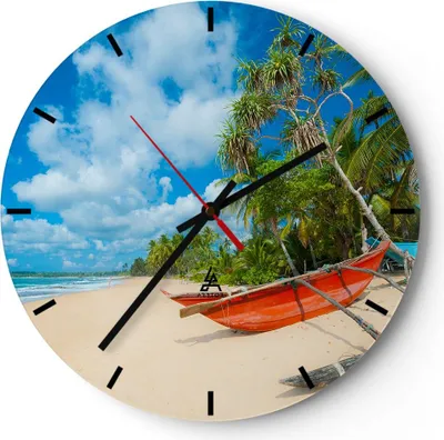 Produktbild von Wanduhr - Rund - Glasuhr - Golf Ozean Palme Boot - 40x40cm - Schleichendes Uhrwerk - Lautlos - zum Aufhängen bereit - Dekoration Modern - Wanddekoration aus Glas - C3AR40x40-2388