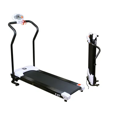 A treadmill is shown in an unfolded and folded state against a white background.