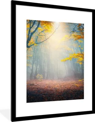 Produktbild von MuchoWow® Gerahmtes Poster Wald - Nebel - Herbst 60x80 cm - Poster mit Schwarzem Bilderrahmen Wandposter Rahmen Foto Bilder - Wohnzimmer - Dekorationen - Prämie