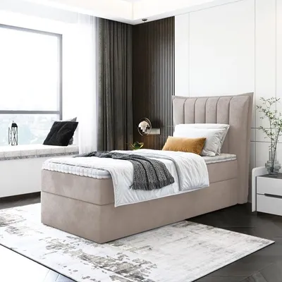 A bedroom scene with a single bed, window, and decorative elements.
