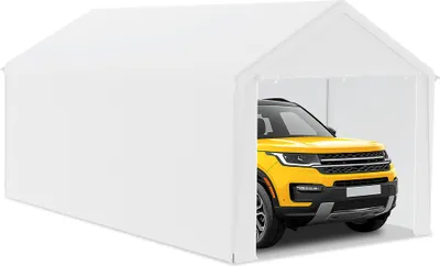 A white tent garage with a yellow SUV inside.