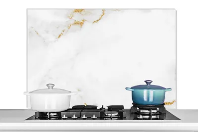 Produktbild von KitchenYeah®  Spritzschutz Küche - Küchenrückwand - Wandschutz für Herd und Spüle - Marmor - Gold - Weiß - Luxus 100x65 - Alu-Dibond (Alternative zum Spritzschutz aus Glas) - Hitzebeständig - Herdspri