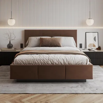 Produktbild von FDM Bett ALMADA Trinity 180x200 cm Polsterbett mit Lattenrost aus Metall Bettkasten Stauraumbett Samt braun