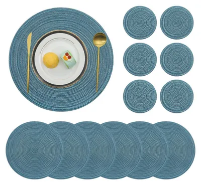 Obrázek produktu pro Sada 6 podtácků, kulaté, z bavlny, odolné vůči teplu, omyvatelné, protiskluzové, modré, průměr 38 cm