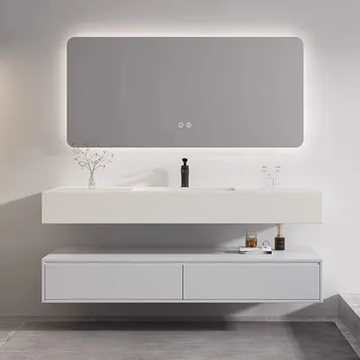Produktbild von Badmöbel-Set 3 teilig,Waschbecken mit Schublade,LED-Spiegel 130*55cm Beige