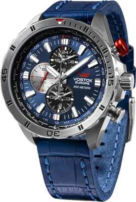 A close-up studio shot of a Vostok Europe watch with a blue dial and strap.
