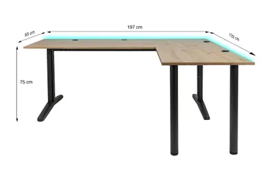 Image de SyberDesk Gaming Bureau d'angle V2 LED, 197 x 132 cm, table de jeu RGB en forme de L, hub USB, gestion des câbles, chêne Artisan, (style chêne droit)