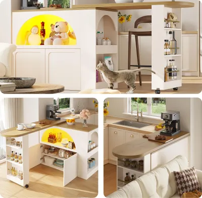 Obrázek produktu pro Sweiko Rozkládací barový stůl s úložným prostorem (135-205 × 39 × 100 cm) , moderní pojízdný barový stůl, teleskopický barový stůl s LED vysokým stolním kuchyňským ostrůvkem, zakřivený design dveří, bílý