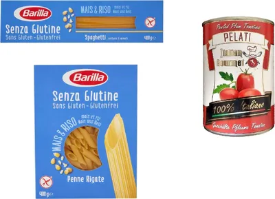 Produktbild von Barilla - Spaghetti e Penne rigate Glutenfrei - 2x 400g + Italian Gourmet 100% italienische geschälte Tomaten dosen 400g