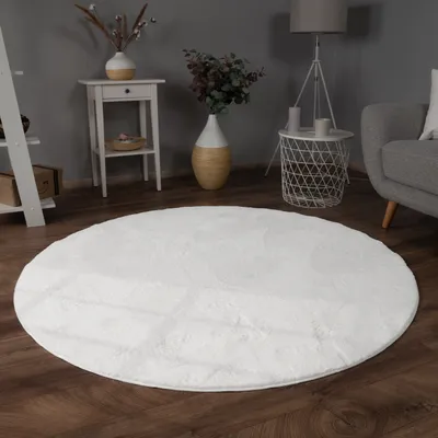 Produktbild von Teppich Wohnzimmer Kunstfell Shaggy Hochflor Waschbar In Waschmaschine Soft Uni Weiß Grösse Ø 200 cm Rund