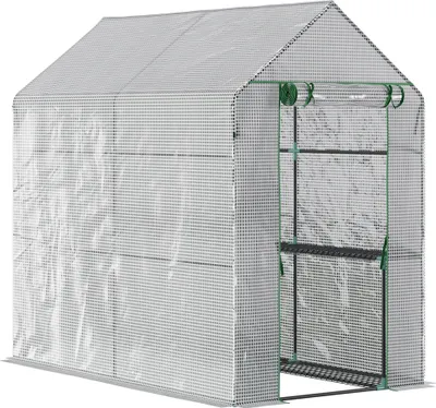 Produktbild von Outsunny Foliengewächshaus begehbares Gewächshaus mit 4 Regalebenen Tomatengewächshaus Treibhaus Frühbeet mit Tür Grün Stahl PE 120 x 186 x 190 cm