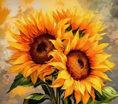 Produktbild von "Malen nach Zahlen: Sonnenblumen, drei Blumen, 40x50 cm, auf Leinwand, gerahmt. Kreatives Hobby."