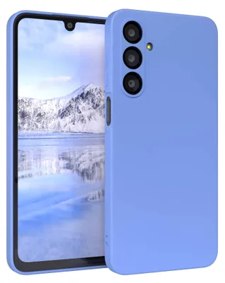 A blue phone case is shown on a phone with a snowy mountain landscape on the screen.