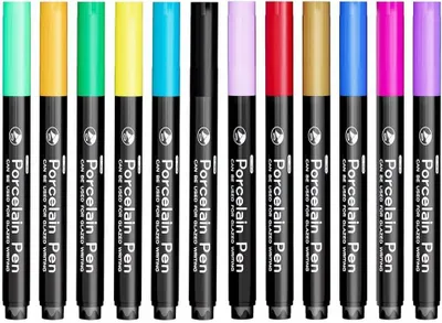 Immagine prodotto di Pennarelli per porcellana - 12 colori - Adatti al lavaggio in lavastoviglie, ideali per Vetroceramica e vetro - Set di pennarelli acrilici di alta qualità per decorare tazze