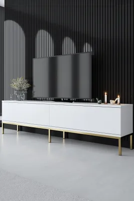 Produktbild von Skye Decor Lord TV-Schrank Modern Weiß Gold 180 x 47 x 30 cm Melaminbeschichtete Spanplatte 18mm Metallfüße für Stabilität