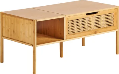 Produktbild von BELIANI Couchtisch Naturfarben Bambusholz und Rattan Rechteckig mit Erhöhter Tischplatte Wiener-Geflecht Baho-Design für Wohnzimmer Kleine Wohnung