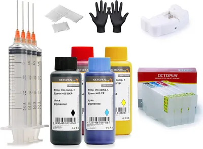 Obrázok produktu pre Naplniteľné atramentové kazety Fill In a QuickFill pre tlačiarne Epson 405 s čipovým resetovačom a atramentom 4x100 ml