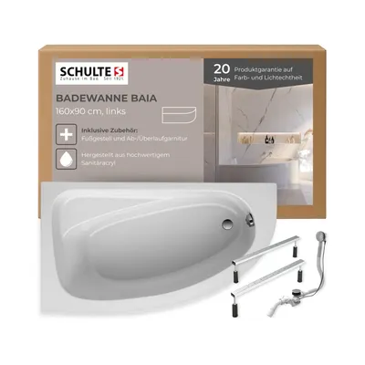 Produktbild von Schulte Badewanne Baia 160x90 cm Version links, Weiß Sanitäracryl, Komplettset inkl. Fußgestell und Ablauf-Überlauf-Garnitur, Raumsparbadewanne