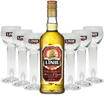 Produktbild von Linie Aquavit Lysholm Double Cask Norwegen 0,7l 700ml (41,5% Vol) + 6x Gläser 2cl geeicht