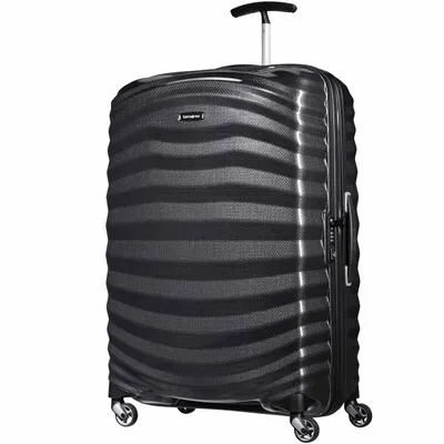 A black Samsonite spinner suitcase with a wavy pattern is shown against a white background.