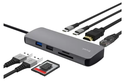Produktbild von Trust 25672, USB Typ-C, HDMI, RJ-45, USB 3.2 Gen 1 (3.1 Gen 1) Type-A, USB 3.2 Gen 1 (3.1 Gen 1) Type-C, MicroSD (TransFlash), SD, Grau, 0,15 m, Windows 11