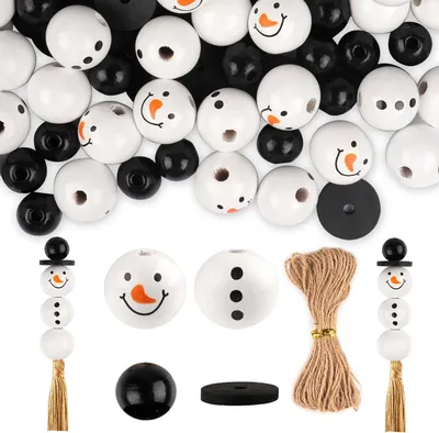 Produktbild von 120 Stück Natur Holzperlen für Weihnachten – 20mm Schneemann Holzkugeln mit Hanfseil, DIY Bastelideen für Winter-Dekorationen