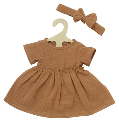 Produktbild von Puppenkleid mit Rüschen und Haarband karamell 28-35cm aus 100% Baumwolle