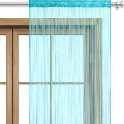A turquoise string curtain hanging in front of a wooden window frame.