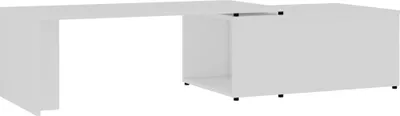 A white L-shaped desk with a storage unit on the right side, shown against a white background.