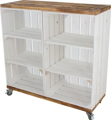 Produktbild von Regal aus 2 hohen weißen Kisten mit 2 Mittelbrettern und geflammten Bohlenbrett auf Rollen 79x80x31cm Obstkisten Weinkisten