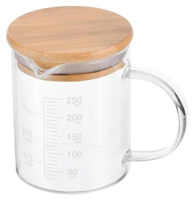 Productafbeelding van Glazen maatbeker van 250 ml met houten deksel en uitloopopening van borosilicaatglas