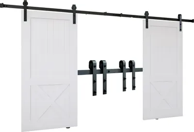 Immagine prodotto di SucceBuy 8 Foot Sliding Door Hardware Kit - Binario pesante da 330 libbre per porte doppie, adatto a pannelli larghi 3,7-4,3 piedi, spessi 1,3-1,8 pollici, rullo a forma di J liscio e silenzioso