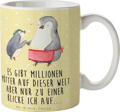 Produktbild von Mr. & Mrs. Panda Teebecher Pinguin mit Kind - Gelb Pastell - Geschenk, Kaffeetasse, Muttertag, Familie, Mama, Kaffeebecher, Pott, Pinguine, Vorbild, Keramiktasse, Tasse