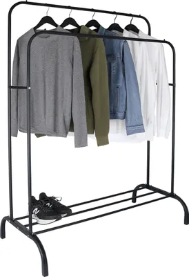 Produktbild von Relaxdays Kleiderständer, HxBxT: 148 x 110 x 55 cm, mit Ablage & 2 Kleiderstangen, Metall, Doppelgarderobe, schwarz