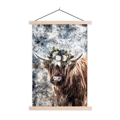 Produktbild von MuchoWow® Textilposter Schottischer Highlander - Blumen - Schwarz 60x90 cm mit holzfarbenen Rahmen - Textil