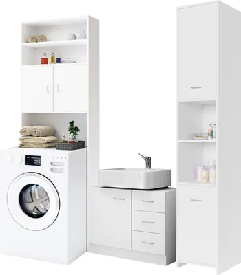 Immagine prodotto di CASARIA® Set Mobili Bagno 3 Pezzi Arredamento Toilette Bianco Mobile Alto Mobile Sottolavabo  in Legno Mobile Lavatrice Armadietti Mobiletto Colonna