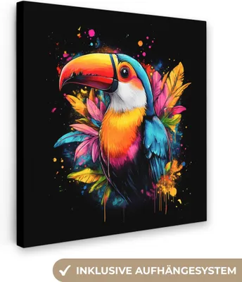Produktbild von MuchoWow® - Leinwandbilder - Graffiti - Vogel - Tukan - Blätter, Wandbild, Wanddeko Bilder Wohnzimmer, 50x50cm