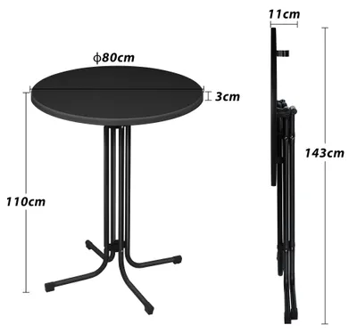 Obrázek produktu pro UISEBRT Ø 80 cm skládací bistro stůl venkovní skládací stůl barové stoly kulatý párty stůl pivní stůl stabilní s nastavitelnou podložkou pod nohy, te, černá barva